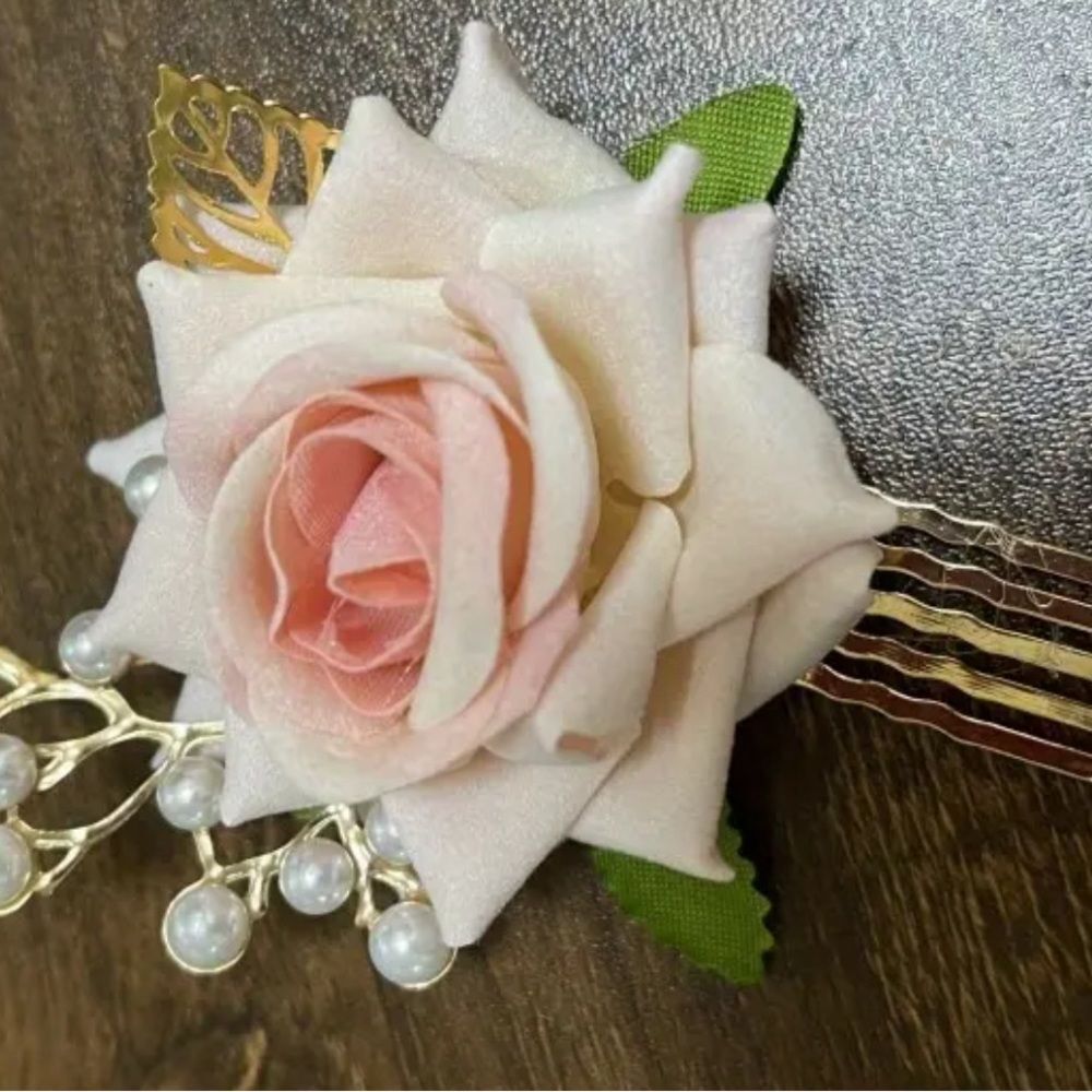 Champagne Rose Pearl Hair Comb FloralBridal Headpiece Wedding Prom Accessory NWT
